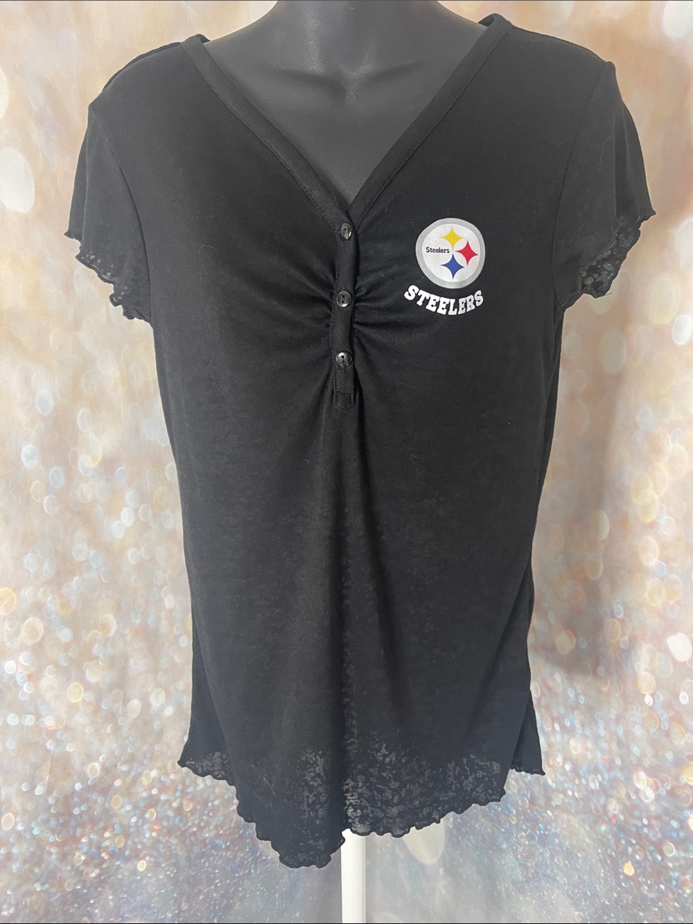 Pittsburgh Steelers Women's Black Burnout Ruched V-Neck Tee Size L